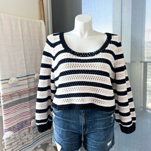 Apiece Apart Black White Striped Open Crochet Knit Slouchy Pullover Sweater XL - Picture 1 of 9